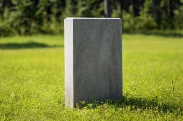 Photo gray granite monument stone on green grass in a simple design