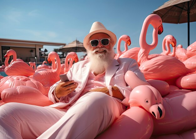 Gray haired adult man with a beard in a pink suit rests on the sea with inflatable pink flamingos Santa on vacation