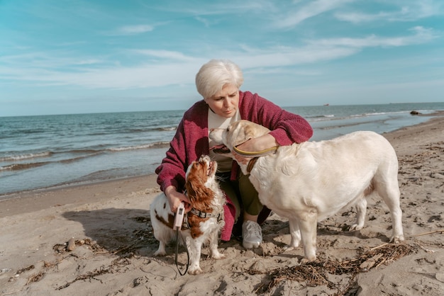 Gray-haired lady sitting on her haunches on the sandy beach and hugging her two dogs