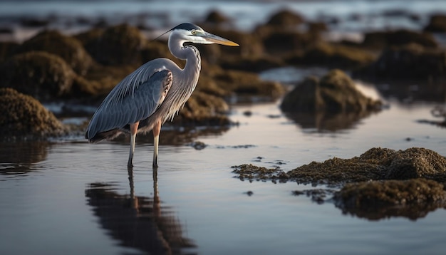 Gray heron wading in tranquil pond fishing in natural beauty generated by artificial intelligence