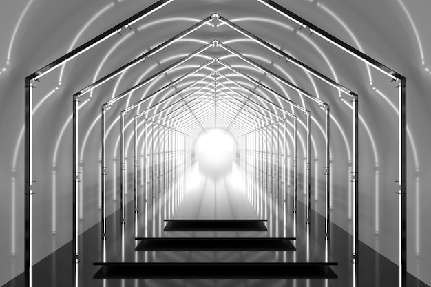 Серый шестиугольный туннельный глянцевый подиум. абстрактный фон. этап отражения света. геометрические неоновые огни. 3d иллюстрации