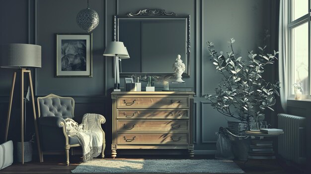 Gray interior with dresser and decor AI Generative