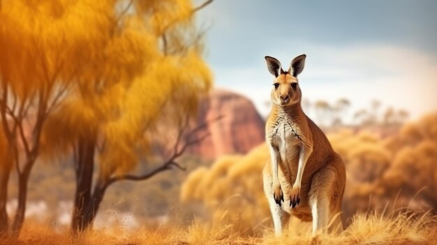 Gray kangaroo standing among long grass blurred background ai generated image