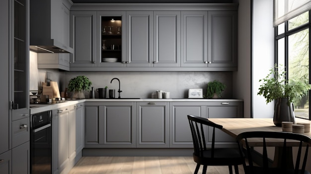 Gray kitchen corner with gray cabinets and window