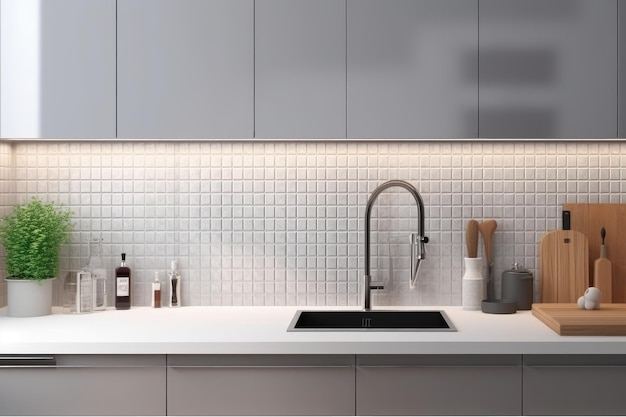 Gray kitchen counter clean space cabinet countertop generative AI