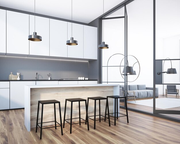 Gray kitchen interior with white countertops, a bar with stools and a row of ceiling lamps hanging above it. A side view. Living room in the background. 3d rendering mock up