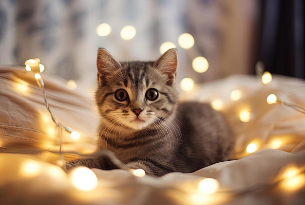 회색 새끼 고양이는 자연을 즐겁게 축하하는 스타일로 내부에 약간의 조명이 있는 침대에 앉아 있습니다.