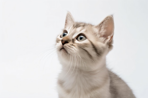 A gray kitten sits on a white background