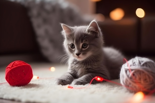 Photo gray kitten with balls of yarn and red garland lights on the floor generative ai