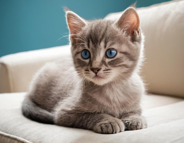 파란 눈 을 가진 회색 새끼 고양이 가 소파 에 앉아 있다
