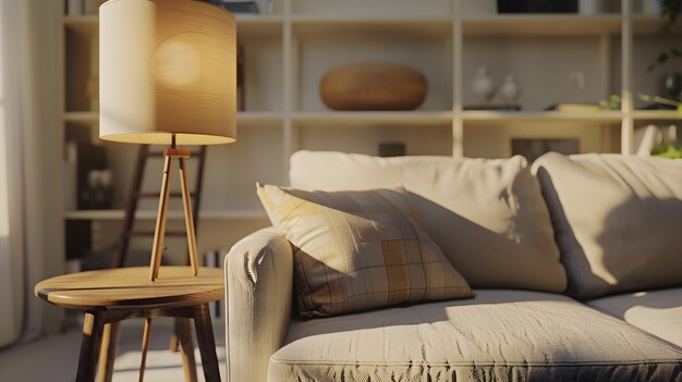 Photo gray lamp above beige couch in sophisticated living room interior with ladder and wo generative ai