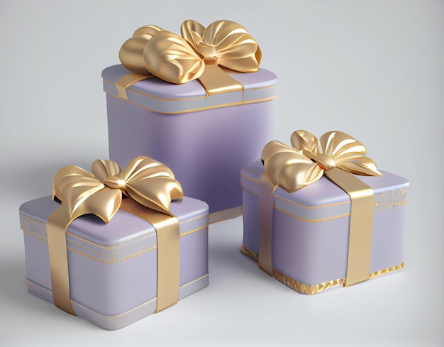 Photo gray lavender boxes with a gold bow. generative ai