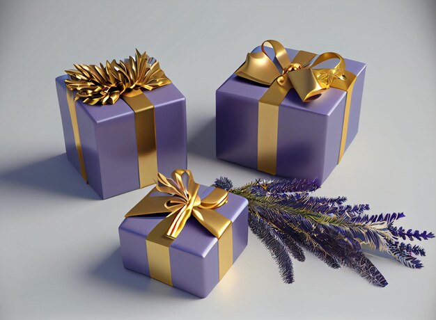 Gray Lavender boxes with a gold bow. Generative ai