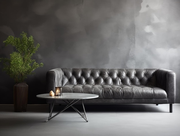コンクリートタイルの壁に付いた灰色の革のタフテッドソファ 現代的なリビングの豪華なインテリアデザイン