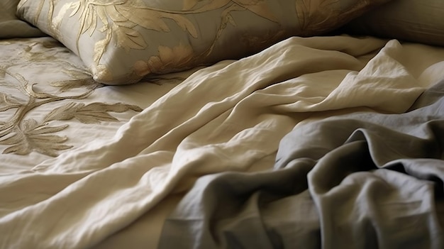 Gray linen bed linen on an old vintage bed against a gray wall Ai Generative