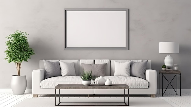 Gray living room interior with farmhouse style mock up frame