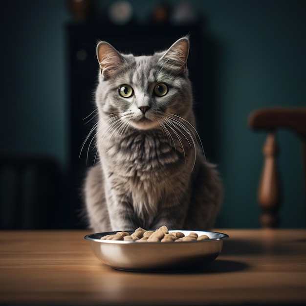 A gray longhaired cat is sitting there is a bowl of food in front of him