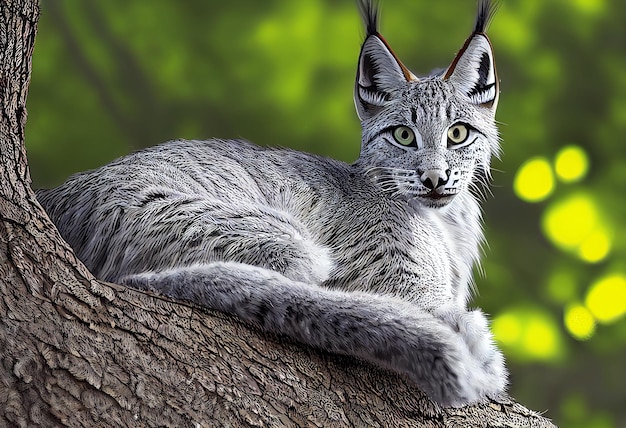 A gray lynx is on a tree branch.