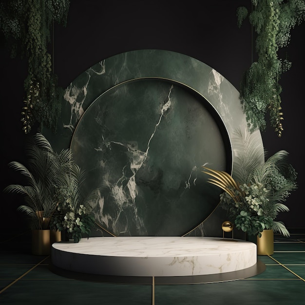 Gray marble podium on an even background with green tropical leaves