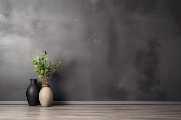 gray marble wall with green flowerpot and flower with dark black cement stone background luxury