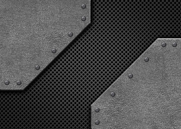 Gray metal plate with black mesh perforated iron pattern 3d illustration