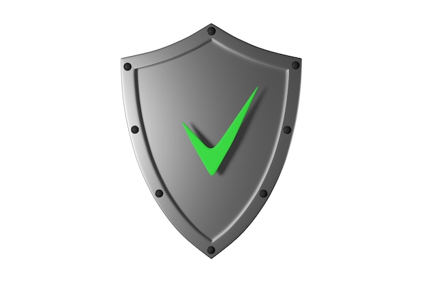 Photo gray metal shield with rivets and green check mark confirming safety 3d illustration