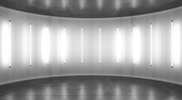 Gray minimalistic abstract 3d background Light from lamps on the walls of the circular stage