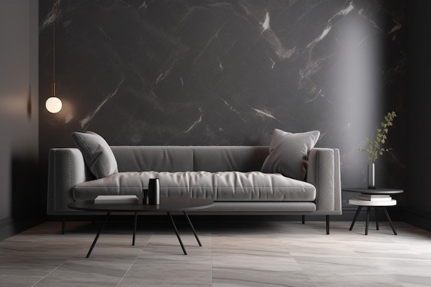 Gray minimalistic interior with marble coffee table and sofa 3d render illustration mock up