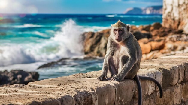 Photo gray monkey sitting on a stone wall by the sea in gibraltar