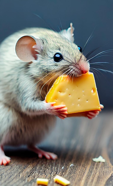 灰色のネズミがチーズを食べる