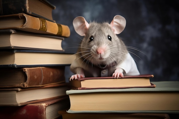 The gray mouse is sitting with books