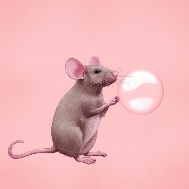 Фото Серая мышь с розовым пузырьком на розовом фоне фотореалистична