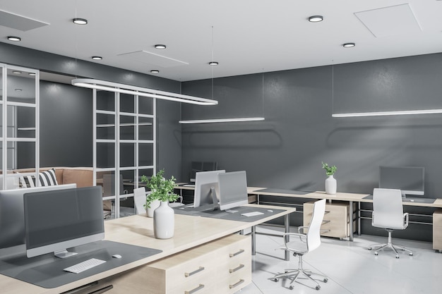 Photo gray office interior with panoramic window and bright daytime city view furniture and equipment 3d rendering