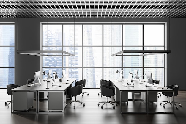 Серый панорамный интерьер офиса открытого пространства