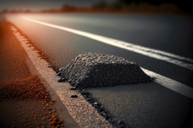 Gray pavement section for road construction on dark brown blurry background