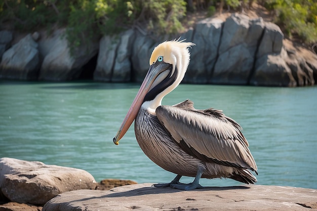 Pelicano grigio su una roccia vicino alla fauna selvatica acquatica