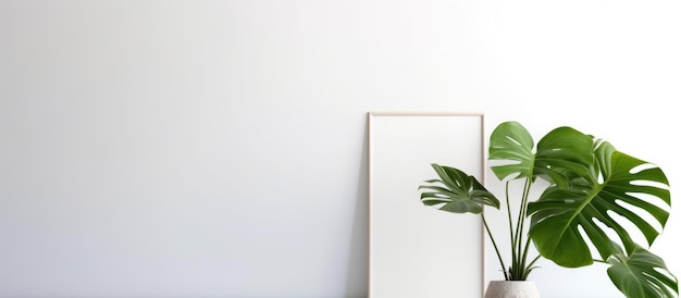 Gray picture frame and monstera deliciosa plant in a pot on white table