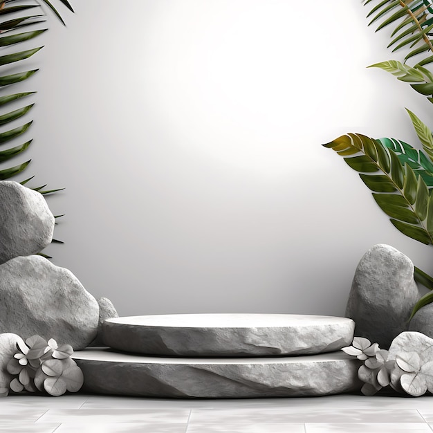 Photo gray podium mockup for product display with leaves and stone