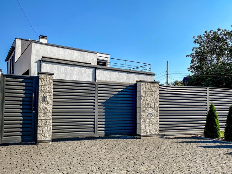 A gray private house of two floors hidden behind a fence with automatic sliding brown gates and an area near the house against a blue sky.