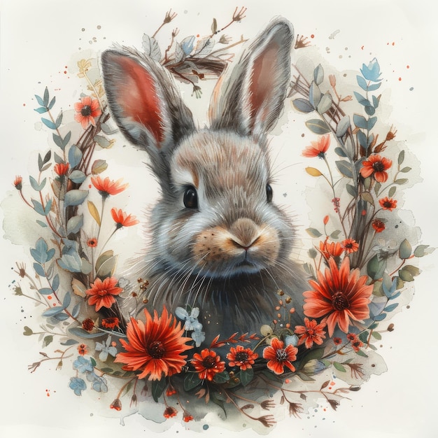 Gray rabbit watercolor painting with a floral wreath