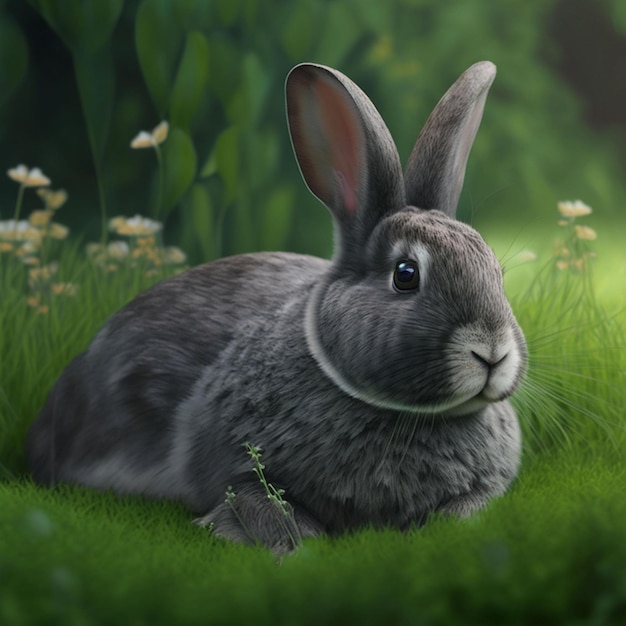 A gray rabbit with a white face and a black nose sits in the grass.