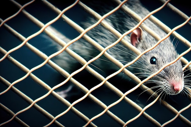 Photo gray rat climbed into cage in search of rat garbage