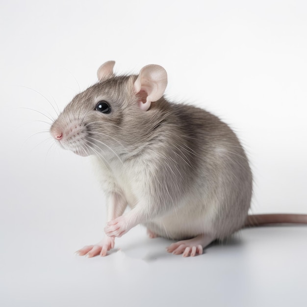 A gray rat sits on a white background with a white background.