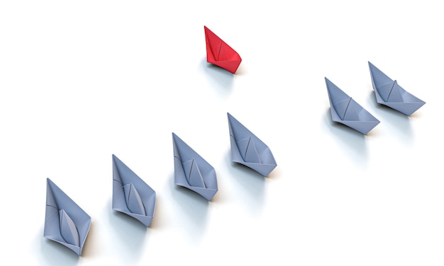 Gray and red paper boats. 3d render