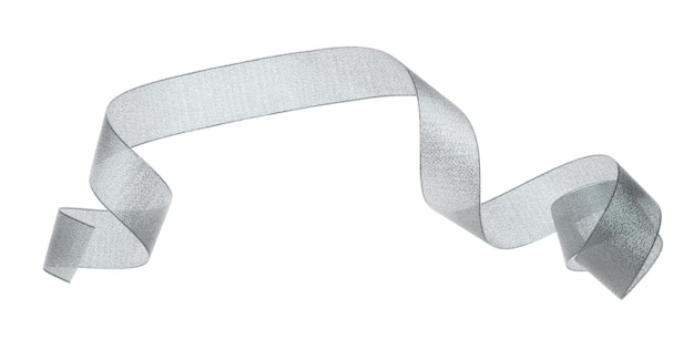 Gray ribbon long straight fly in air with curve roll shiny Gray ribbon for present gift birthday party to wrap around decorate and make of textile cloth long straight White background isolated