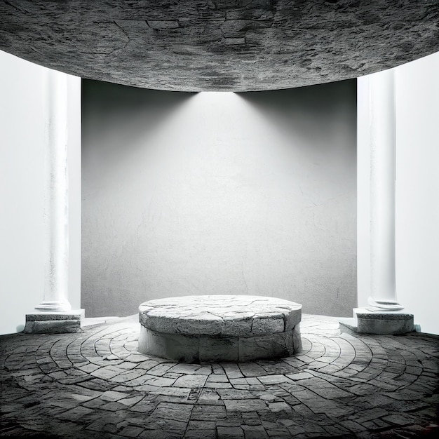 Gray rock pedestal in white room 3d mockup product podium presentation design stone round table in minimal interior with two white banners