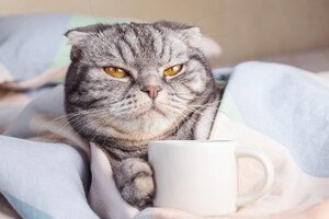 A gray scottish fold cat, gray in black stripes with yellow eyes, lies on the bed with a coffee cup