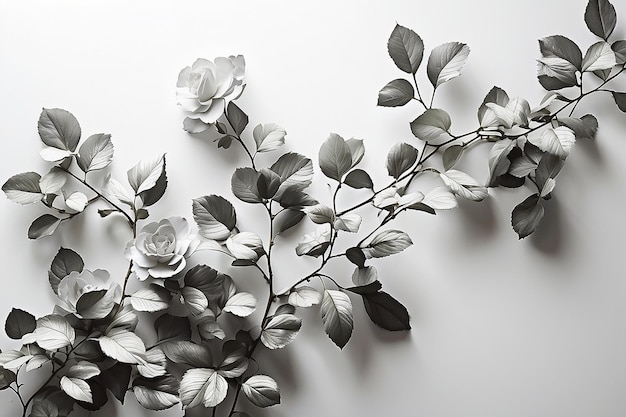 Photo gray shadow of the wild roses leaves and flowers on a white wall