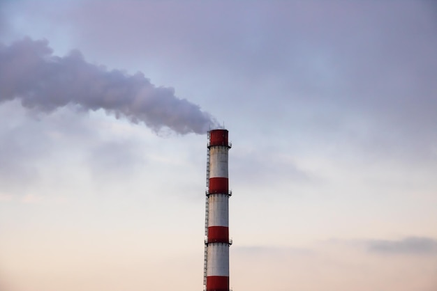 Photo gray smoke from the plant chimney at sunset