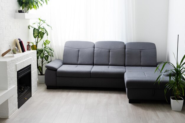 gray sofa beside the fireplace in the living room.